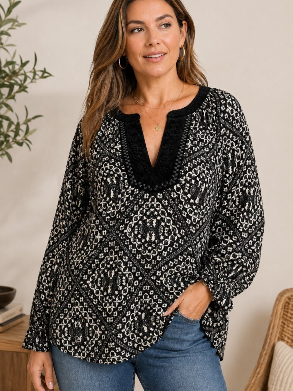 NWT Lucky Brand Black Velvet Trim Peasant Blouse Boho Tunic 2X